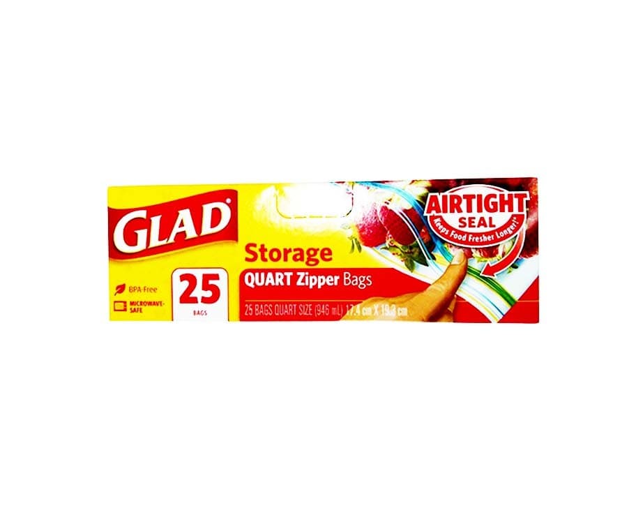 Glad Storage Quart Zipper Bags Airtight Seal 25 Bags Quart Size (946mL) 17.4cm x 19.3cm