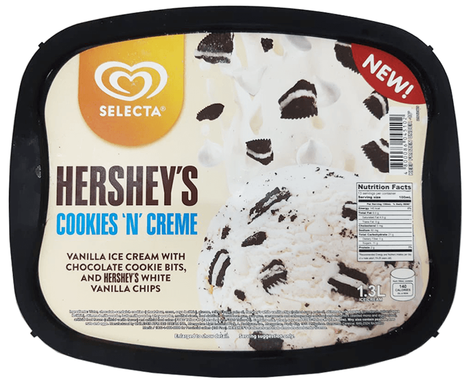 Selecta Hershey's Cookies 'n Creme Vanilla Ice Cream with Chocolate Cookie Bits and Hershey's White Vanilla Chips 1.3L