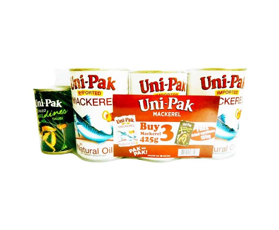 Uni-Pak Imported Mackerel in Natural Oil (3 Packs x 425g + Free Uni-Pak Fried Sardines Tausi 155g)