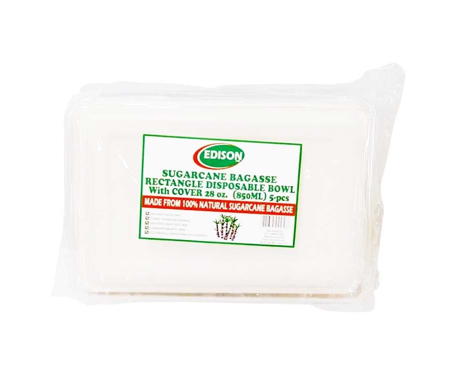 Edison LST Sugarcane Bagasse Rectangle Disposable Bowl with Cover 28oz (850mL) 5 Pieces