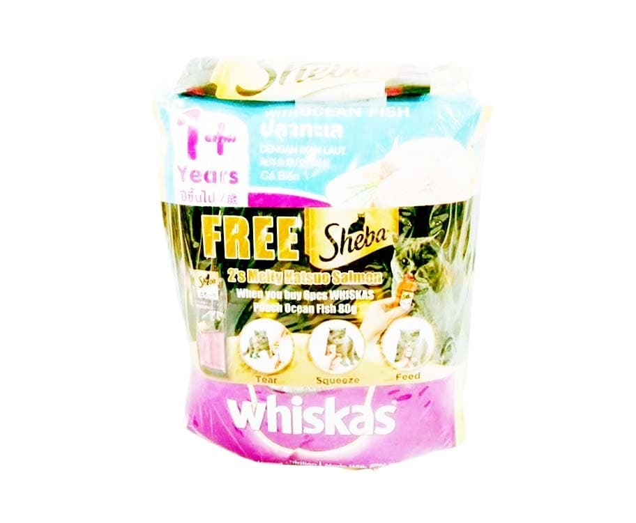 Whiskas Pouch Ocean Fish 1+ Years (6 Packs x 80g) + Free 2 Piece Sheba Melty Katsuo Salmon