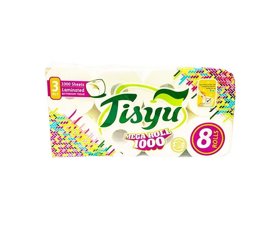 Tisyu Mega Roll Laminated Bathroom Tissue 3-Ply 1000 Sheets 8 Rolls