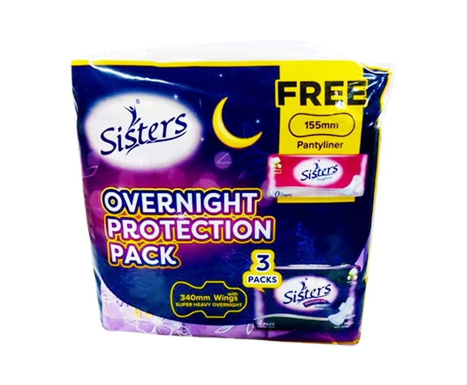 Sisters Overnight Dry Super Heavy Flow (3 Packs x 4 Pads) + Free Sisters Panty Liners 20 Liners