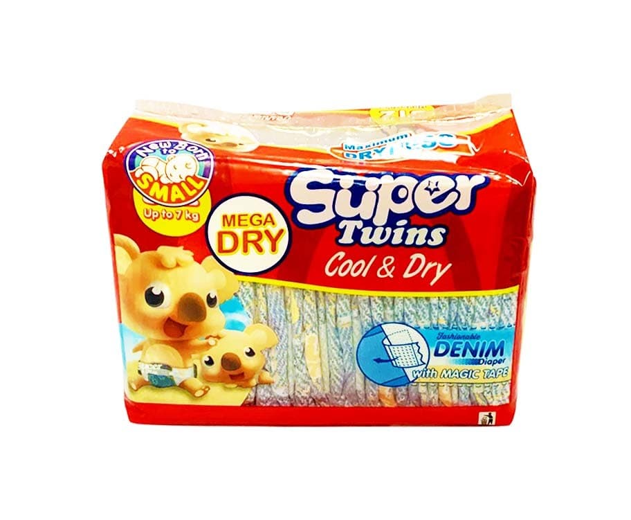 Super Twins Cool & Dry Fashionable Denim Diaper with Magic Tape Newborn-Small up to 7kg 12 Diapers