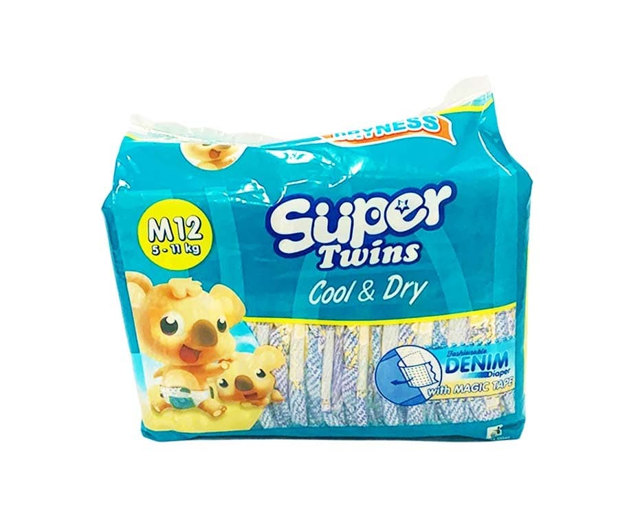 Super Twins Cool & Dry Fashionable Denim Diaper with Magic Tape Medium 5-11kg 12 Diapers