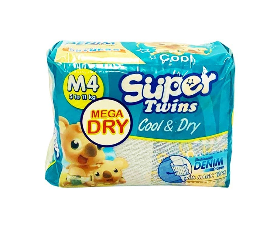 Super Twins Cool & Dry Fashionable Denim Diaper with Magic Tape Medium 5-11kg 4 Diapers