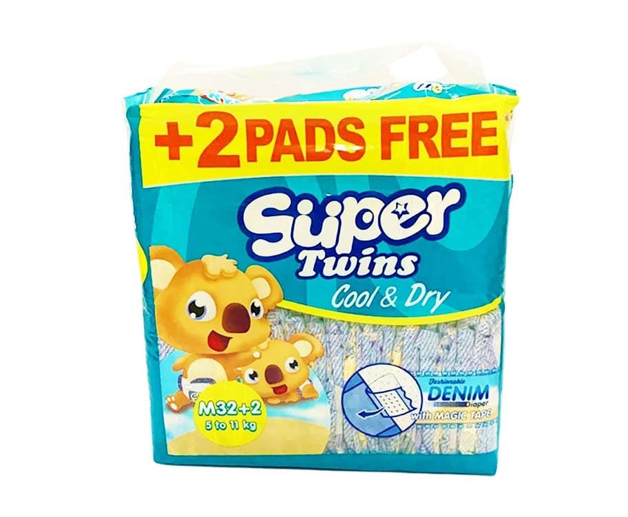 Super Twins Cool & Dry Fashionable Denim Diaper with Magic Tape Medium 5-11kg 32+2 Diapers