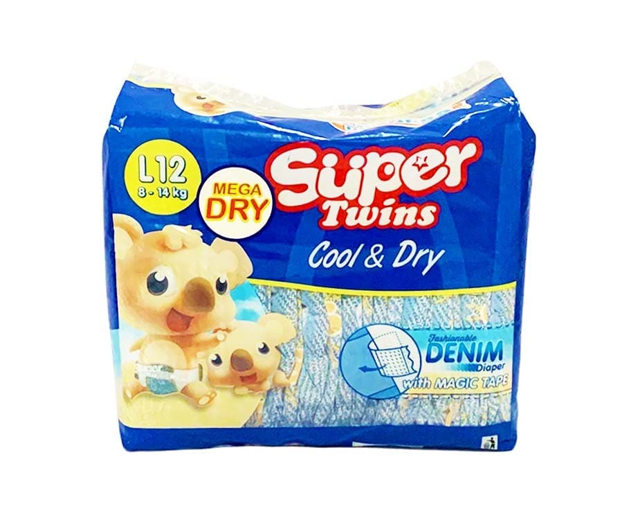 Super Twins Cool & Dry Fashionable Denim Diaper with Magic Tape Large 8-14kg 12 Diapers