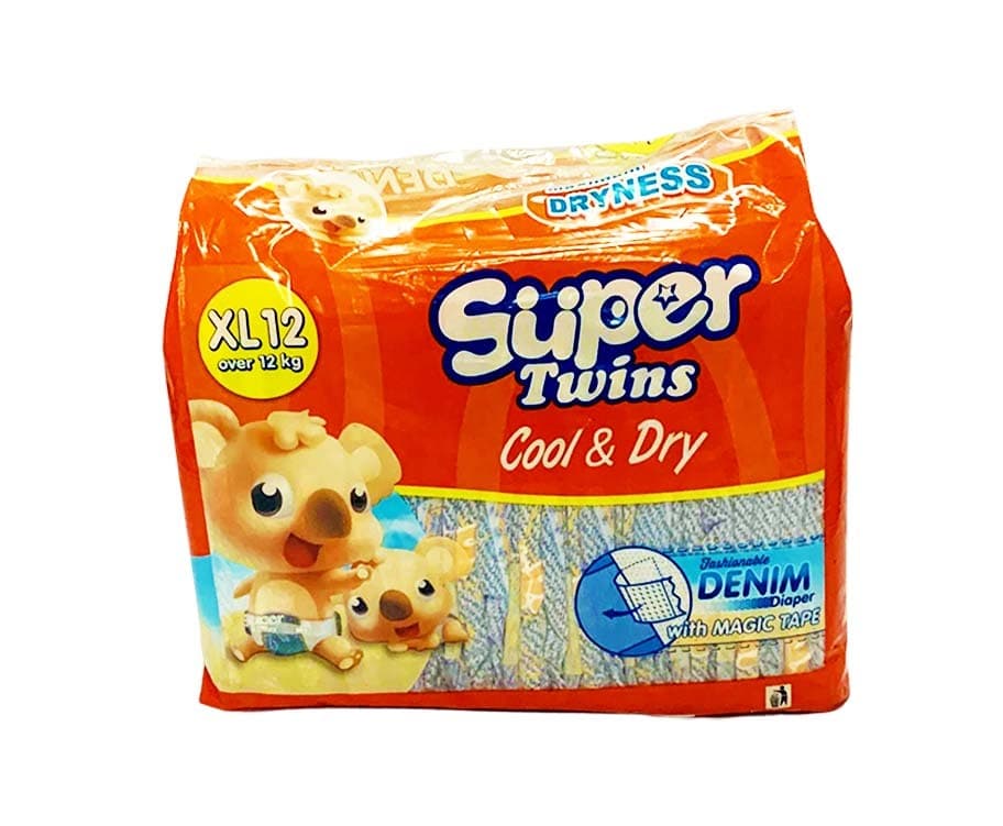 Super Twins Cool & Dry Fashionable Denim Diaper with Magic Tape XL over 12kg 12 Diapers