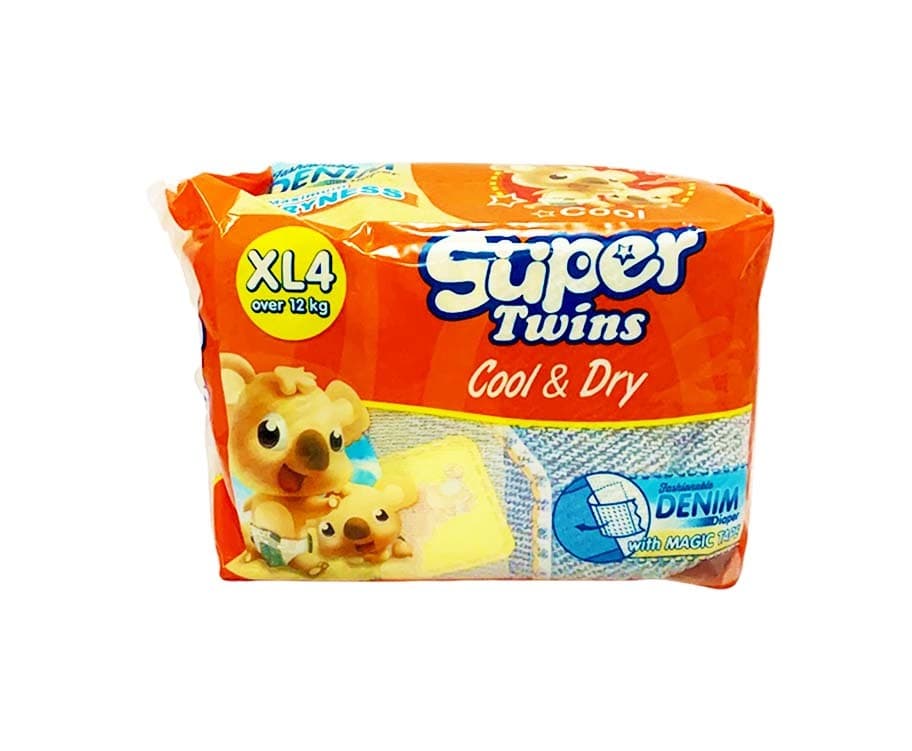 Super Twins Cool & Dry Fashionable Denim Diaper with Magic Tape XL over 12kg 4 Diapers