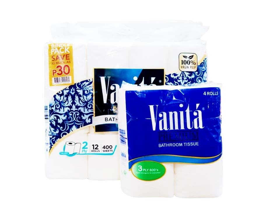 Vanita Premium Bathroom Tissue 2-Ply 400 Sheets 12 Rolls + Vanita Premium Bathroom Tissue 3-Ply 600 Sheets 4 Rolls Bundle Pack