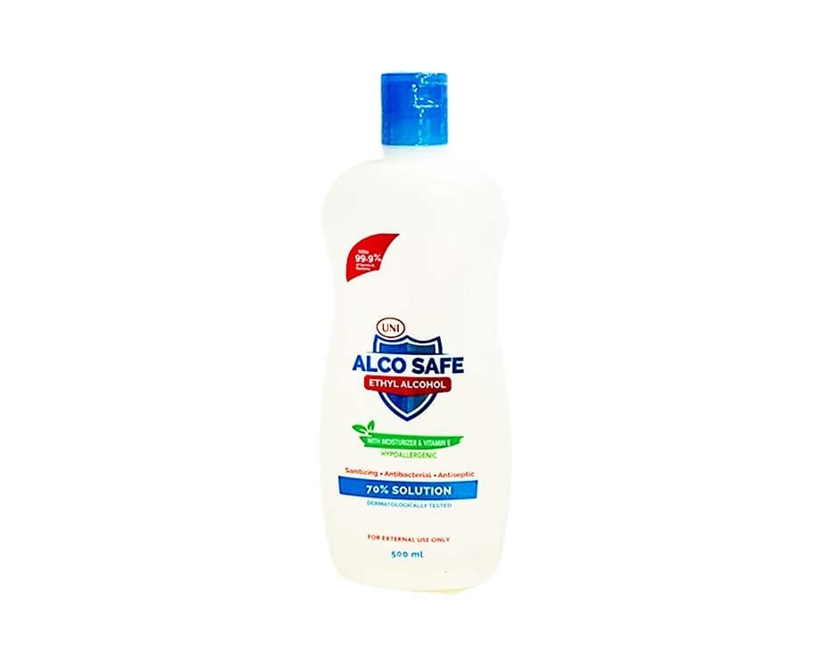 Uni Alco Safe Ethyl Alcohol 70% Solution Hypoallergenic with Moisturizer & Vitamin E 500mL