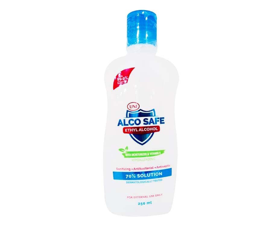 Uni Alco Safe Ethyl Alcohol 70% Solution with Moisturizer & Vitamin E 250mL