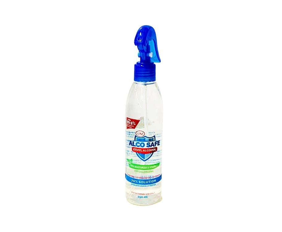 Uni Alco Safe Ethy Alcohol 70% Solution Hypoallergenic with Moisturizer & Vitamin E 250mL