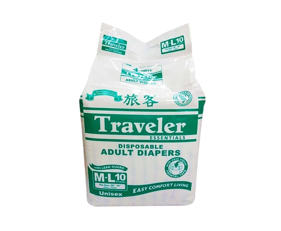 Traveler Essentials Disposable Adult Diapers Hip Size 28”-45” Unisex M-L 10 Pads