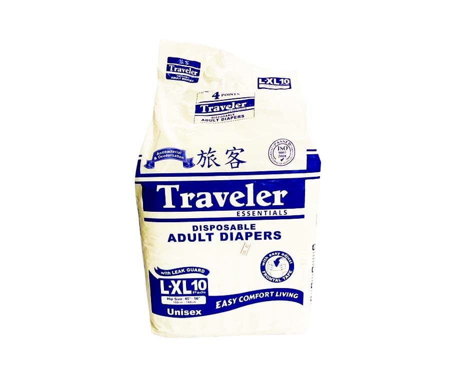 Traveler Essentials Disposable Adult Diapers Hip Size 40”-56” Unisex L-XL 10 Pads