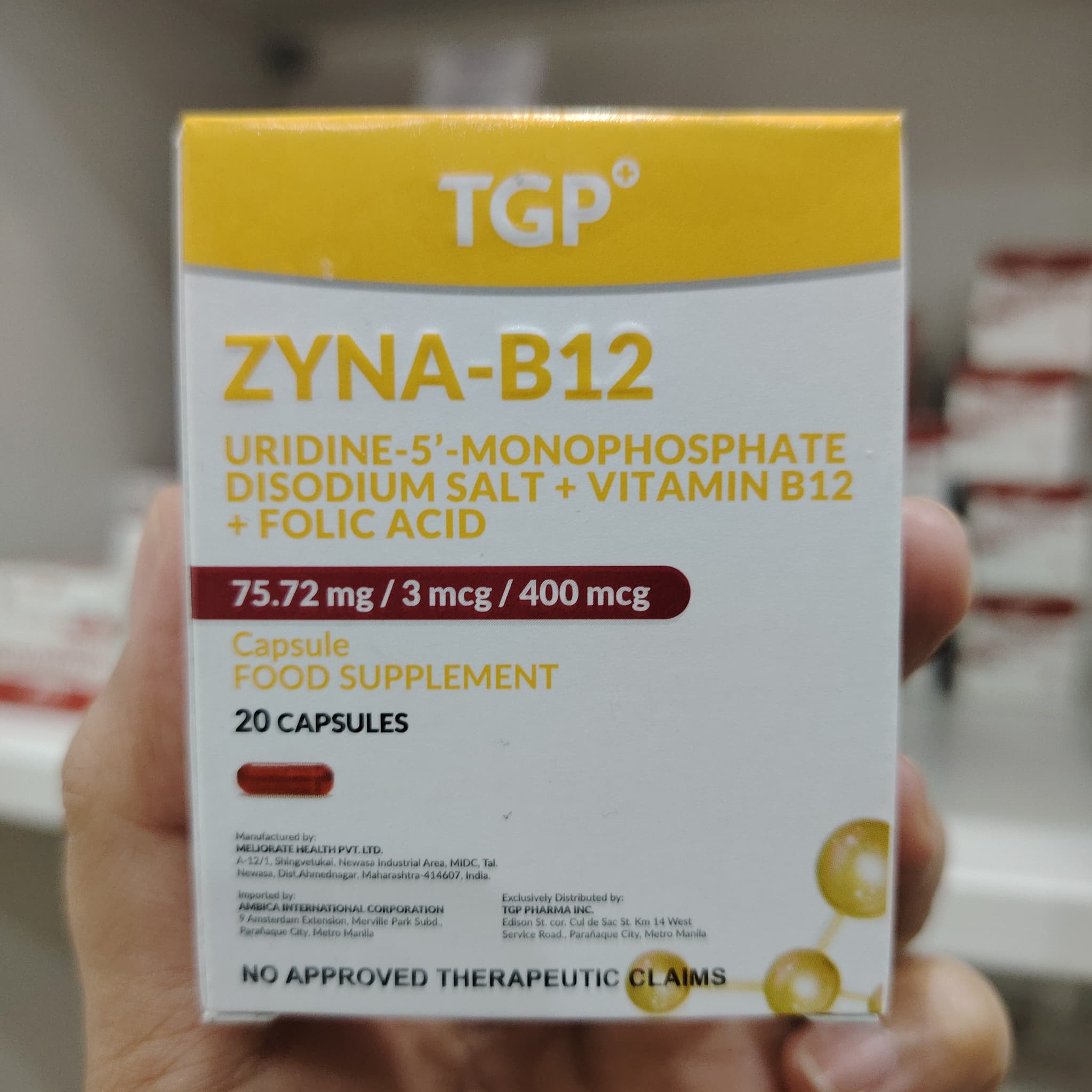 Zyna-B12 Uridine-5' Monophosphate Disodium Salt+VitaminB12+Folic Acid 75.72mg/3mcg/400mcg