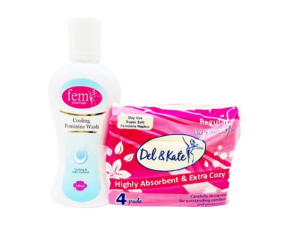 Fem Essentials Cooling Feminine Wash 140mL + Del & Kate Regular 4 Pads