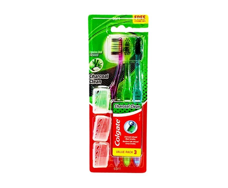 Colgate Charcoal Clean Charcoal-Infused Black Bristles, Bamboo Salt-Infused Green Bristles Toothbrush Value Pack 3 Pieces