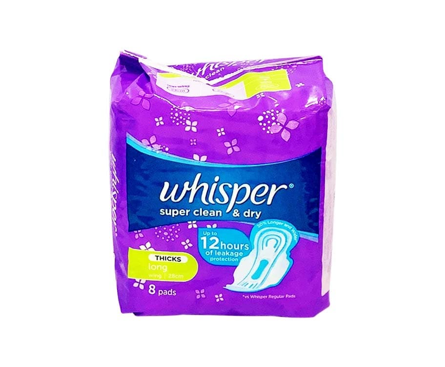 Whisper Super Clean & Dry Thicks Long Wing 28cm 8 Pads