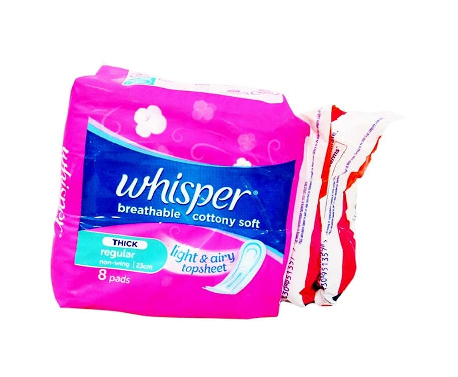 Whisper Breathable Cottony Soft Thick Regular Non-Wing 23cm 8 Pads + Free Safeguard Family Germ Protection Floral Pink With Aloe (2 Packs x 60g)