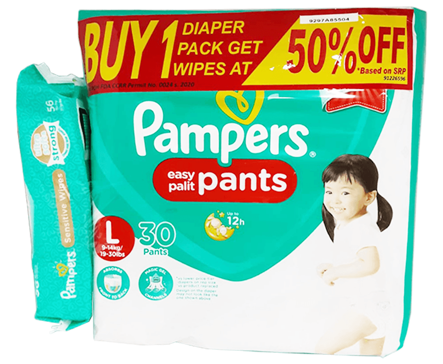 Pampers Easy Palit Pants Large 9-14kg 30 Pants + Get Pampers Sensitive Wipes at 50% Off