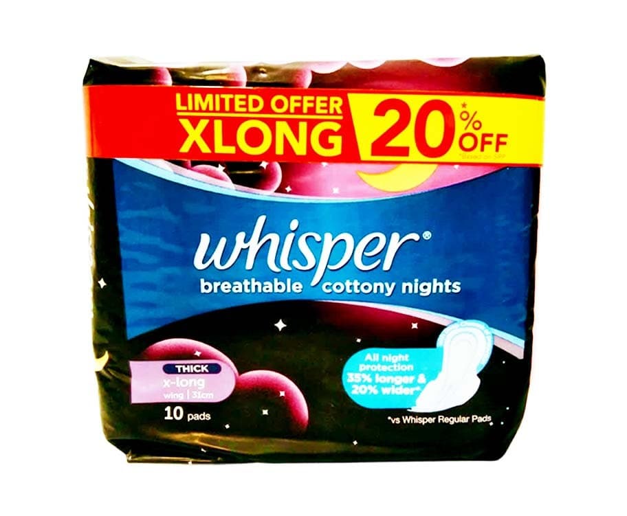 Whisper Breathable Cottony Nights Thick X-Long Wing (31cm) 10 Pads