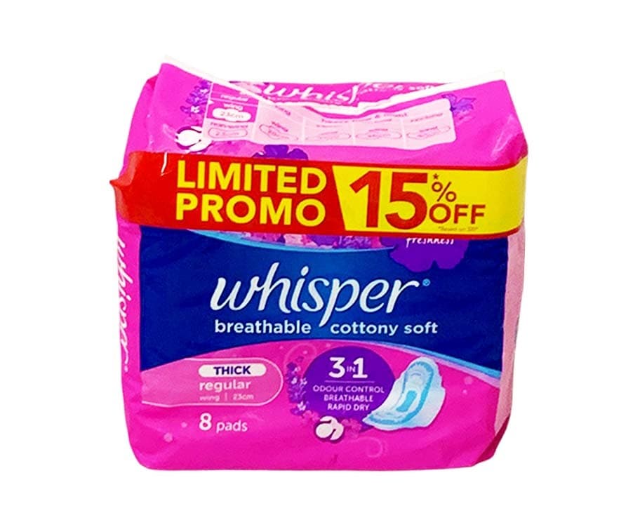 Whisper Breathable Cottony Soft Thick Regular Wing 8 Pads