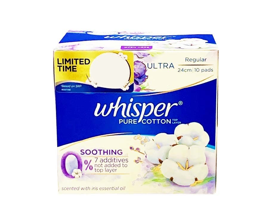 Whisper Pure Cotton Top Layer Soothing Ultra Regular 24cm 10 Pads