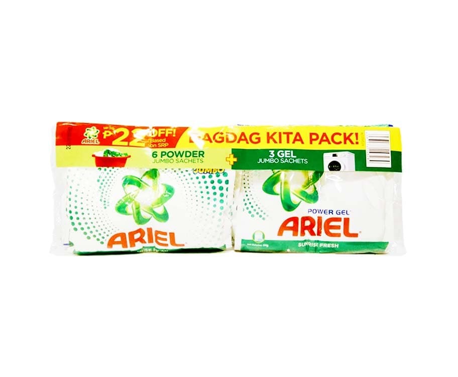 Ariel Sunrise Fresh Detergent Powder Jumbo (6 Sachets x 70g) + Ariel Power Gel Sunrise Fresh Jumbo (3 Packs x 64g)