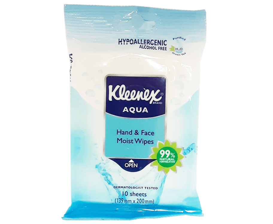Kleenex Aqua Hand & Face Moist Wipes 10 Sheets