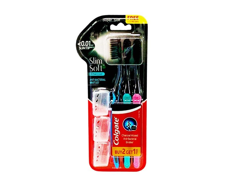 Colgate Slim Soft Charcoal Infused Anti-Bacterial Bristles Toothbrush 2+1 Pieces