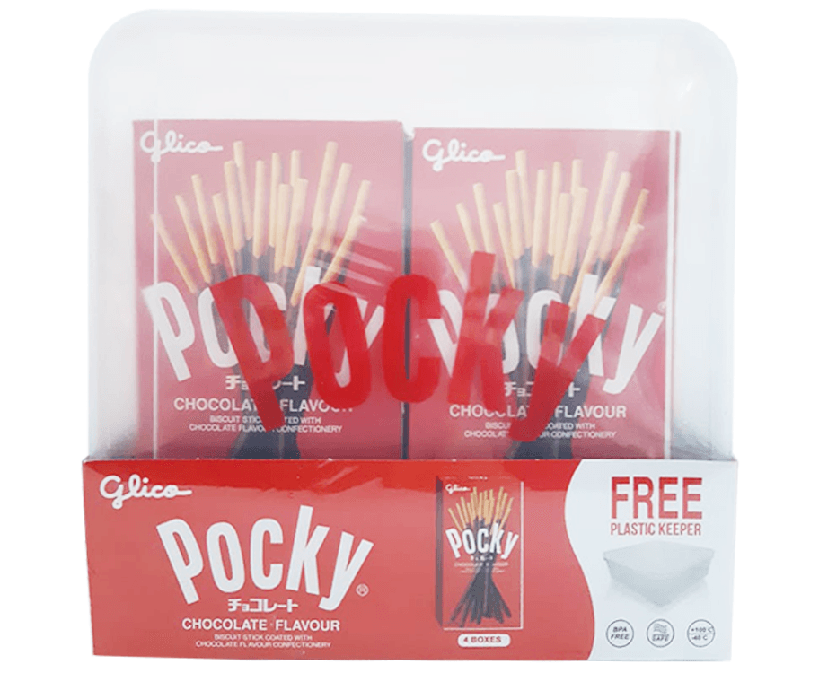 Glico Pocky Chocolate Flavour 4 Boxes + Free Plastic Keeper