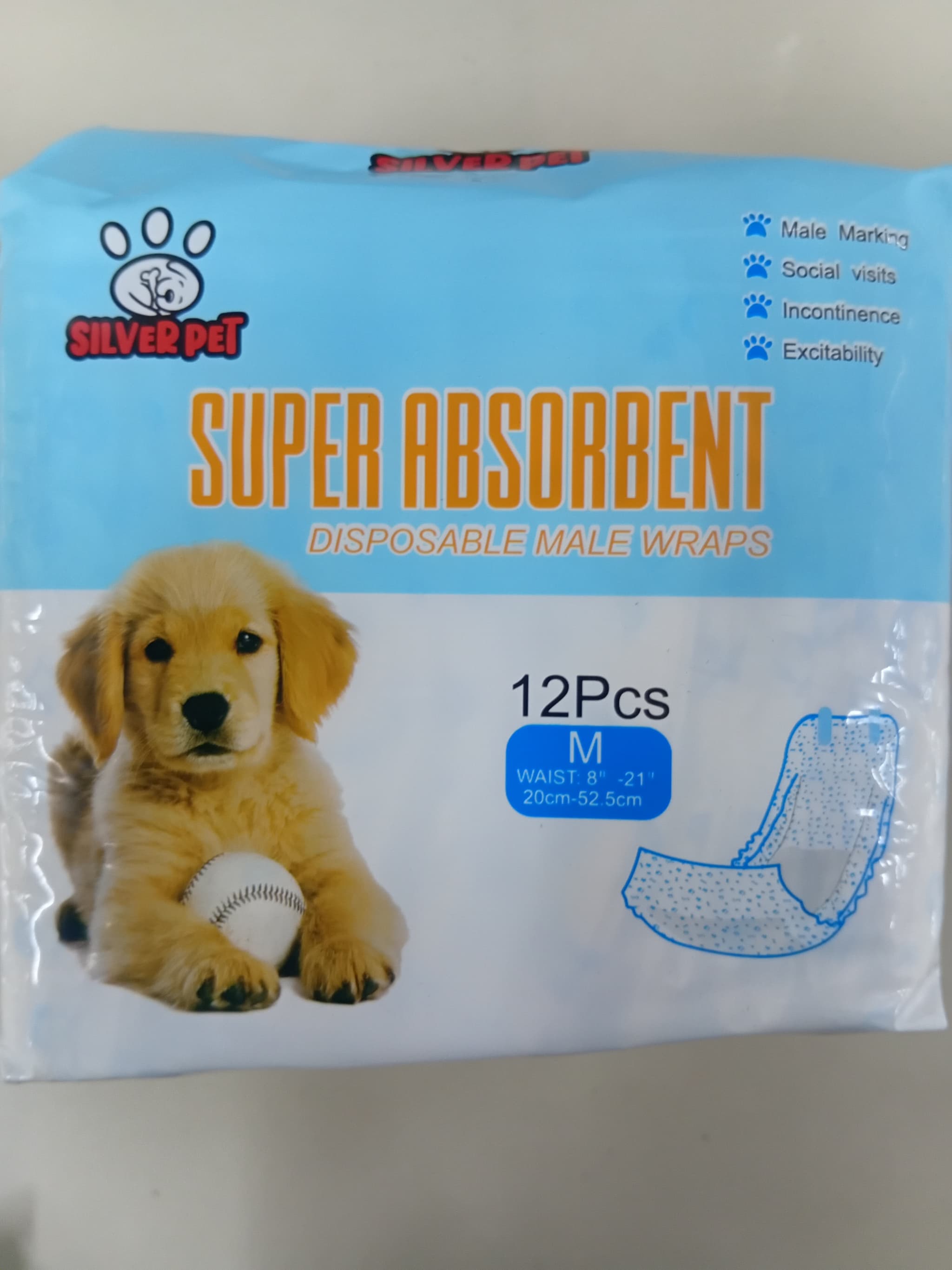 Silver Pet Super Absorbent Male Wraps 12 Pieces Medium 20cm-52.5cm
