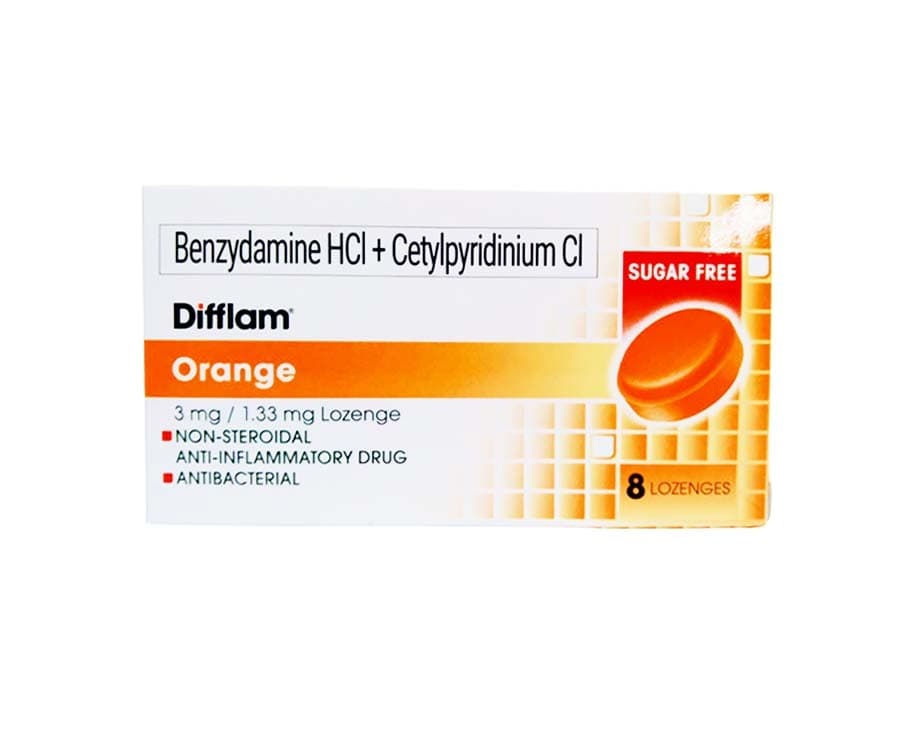 Difflam Orange Sugar Free 3mg/ 1.33mg 8 Lozenges