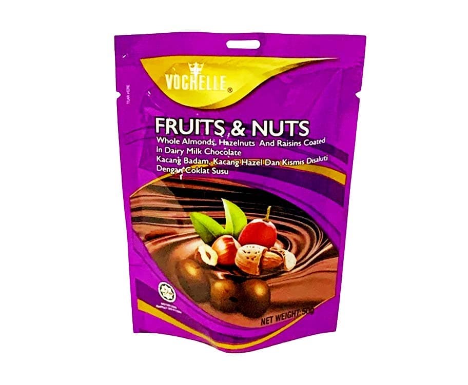 Vochelle Fruits & Nuts Whole Almonds, Hazelnuts and Raisins Coated in Dairy Milk Chocolate 50g